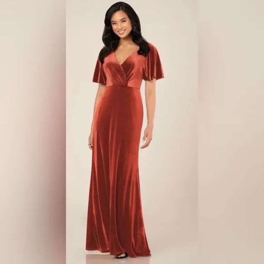 Sorella Vita Velvet V-neck Flutter Sleeve Bridesmaid Maxi Dress Russet Orange 14